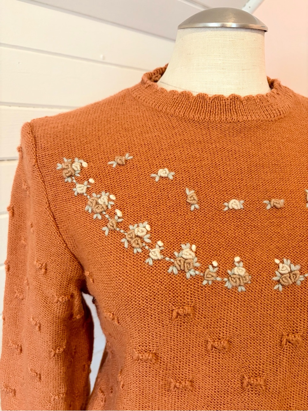 Vintage Rose Crewneck Sweater with Cream Floral Yoke, Size Small - Picture 2 of 7